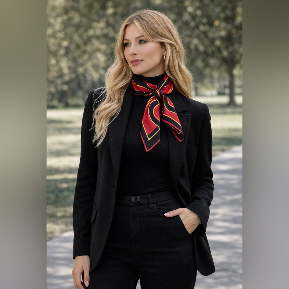 Red and Black Geometric patterned Scarf likely vintage